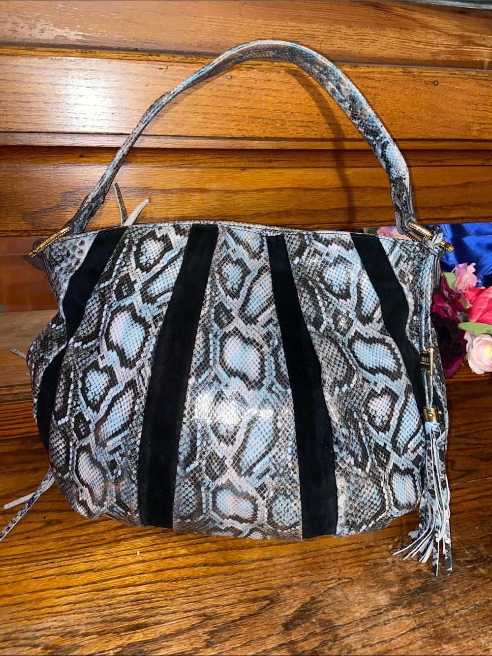 EUC Aimee Kestenberg Blue and Black Leather Snake-Print Shoulder Bag